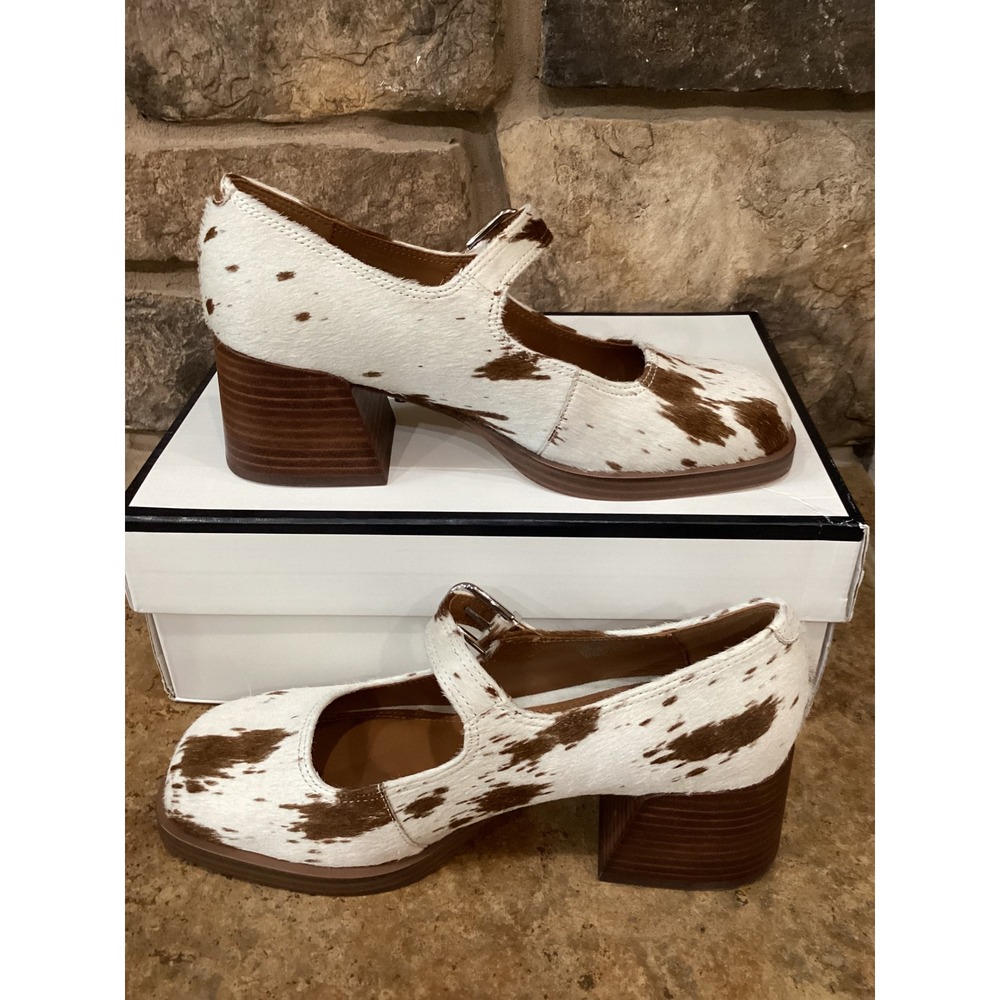 Steve Madden Lisbon-C Cow Print Hair Mary Jane Block Heel Pumps Brown Size 6 New